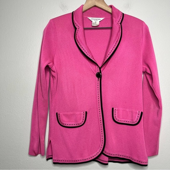 Misook Women Blazer Jacket XS Pink Office Business‎ Black Piping One Button - Picture 1 of 9